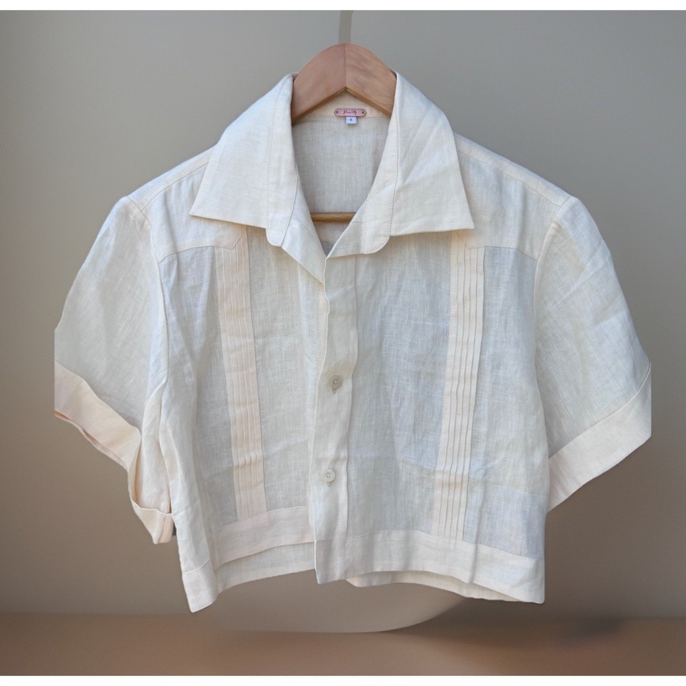 Johanna Ortiz Manyatta Cropped Boxy Pleated Organic Linen Shirt Womens 2